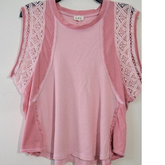 POL Top Womens Medium Oversized Varsity Top Lace Sleeveless Pink Whimsical NWOT - Picture 4 of 11